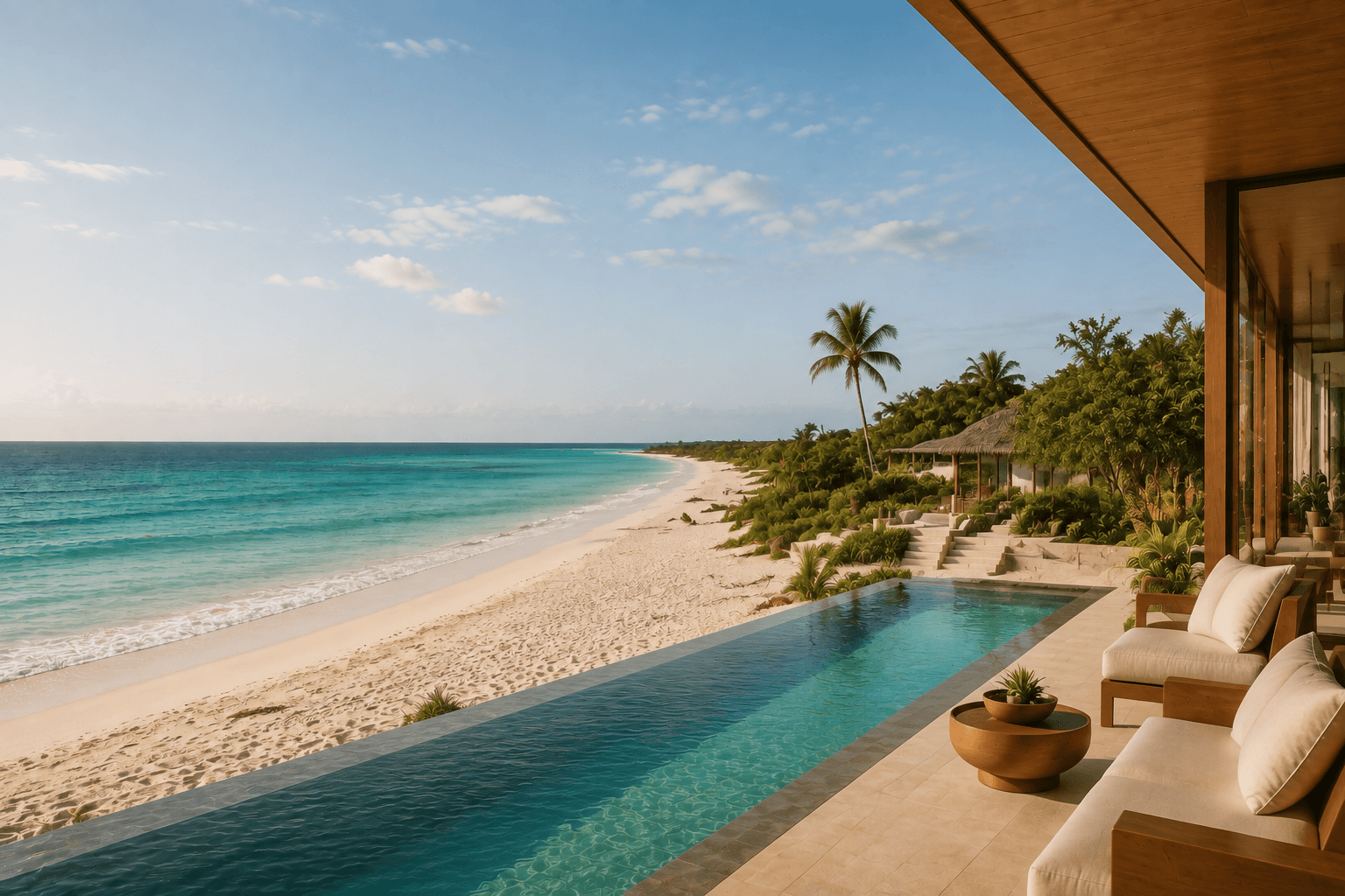 Beachfront Riviera Maya property at sunset